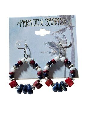 Paradise Shores Beaded Hoops Earrings Red White Blue Patriotic American Jewelry